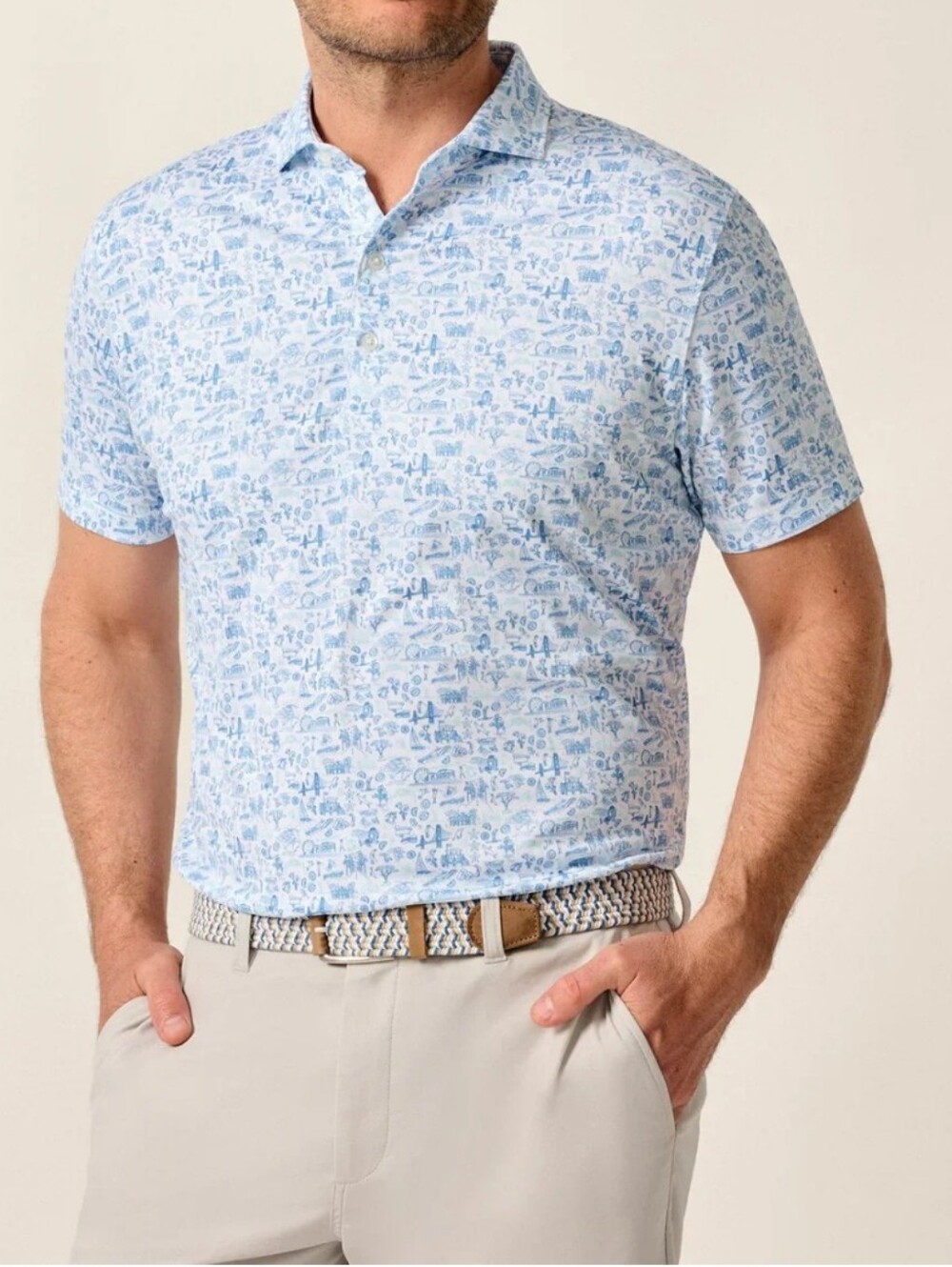 NWT, Johnnie-O White Mens Palisades Blue Micro-print Performance Polo